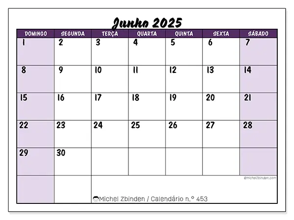 Calendário para imprimir n.° 453 para junho de 2025. Semana: Domingo a sábado.