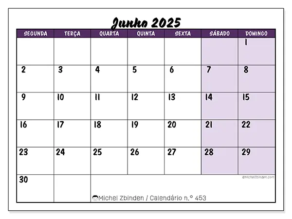 Calendário para imprimir n.° 453 para junho de 2025. Semana: Segunda-feira a domingo.