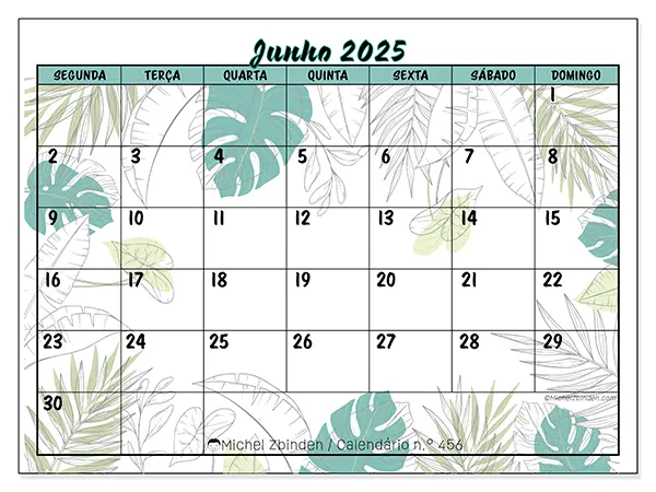 Calendário para imprimir n.° 456 para junho de 2025. Semana: Segunda-feira a domingo.