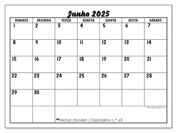 Calendário para imprimir n.° 45 para junho de 2025. Semana: Domingo a sábado.