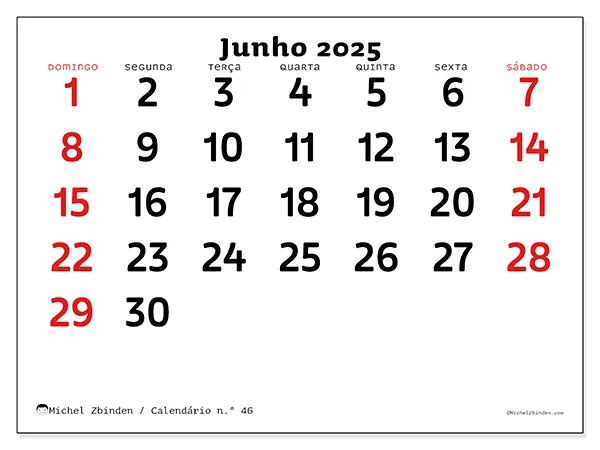 Calendário para imprimir n.° 46 para junho de 2025. Semana: Domingo a sábado.