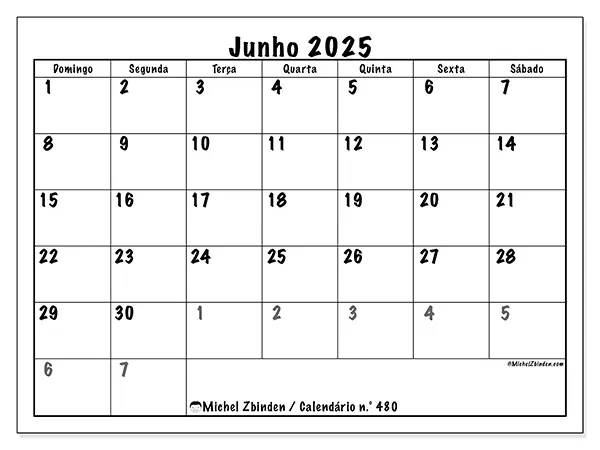 Calendário para imprimir n.° 480 para junho de 2025. Semana: Domingo a sábado.