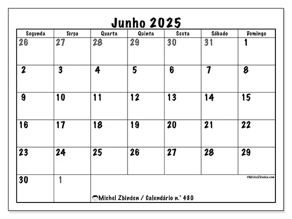 Calendário n.° 480 gratuito para imprimir, junho 2025. Semana:  Segunda-feira a domingo