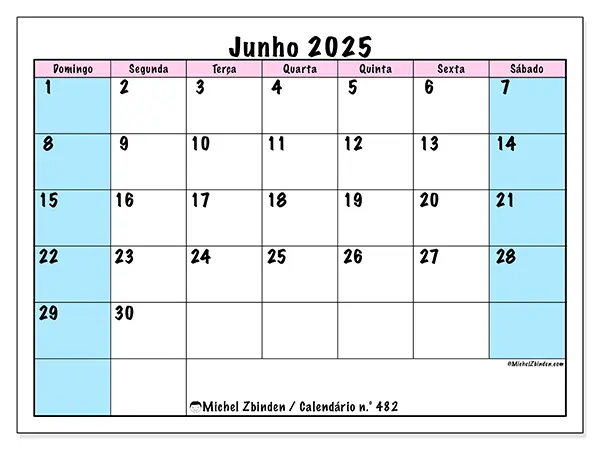 Calendário para imprimir n.° 482 para junho de 2025. Semana: Domingo a sábado.