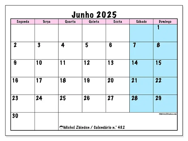 Calendário para imprimir n.° 482 para junho de 2025. Semana: Segunda-feira a domingo.