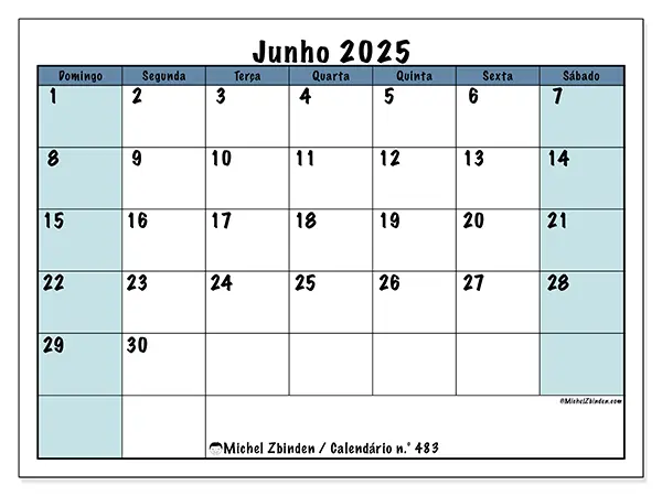 Calendário para imprimir n.° 483 para junho de 2025. Semana: Domingo a sábado.