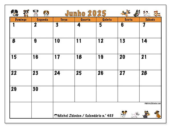 Calendário para imprimir n.° 485 para junho de 2025. Semana: Domingo a sábado.