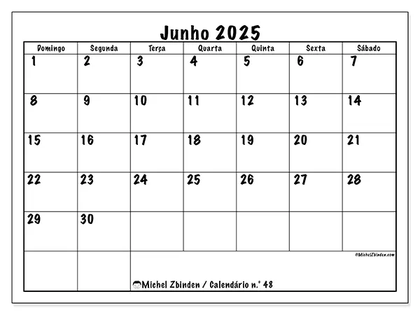 Calendário para imprimir n.° 48 para junho de 2025. Semana: Domingo a sábado.
