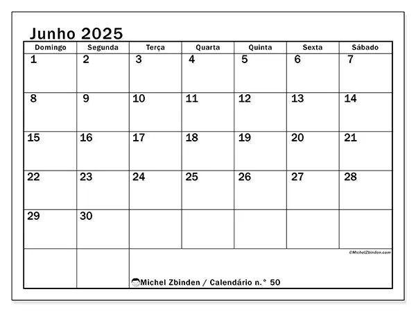 Calendário para imprimir n.° 50 para junho de 2025. Semana: Domingo a sábado.