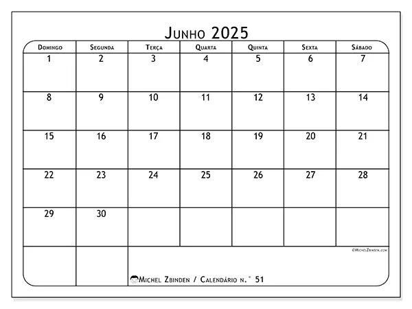 Calendário para imprimir n.° 51 para junho de 2025. Semana: Domingo a sábado.
