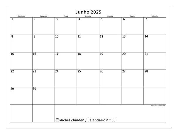 Calendário para imprimir n.° 53 para junho de 2025. Semana: Domingo a sábado.