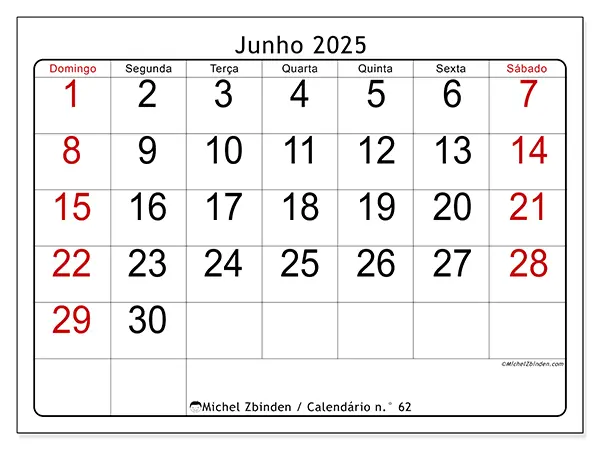 Calendário para imprimir n.° 62 para junho de 2025. Semana: Domingo a sábado.
