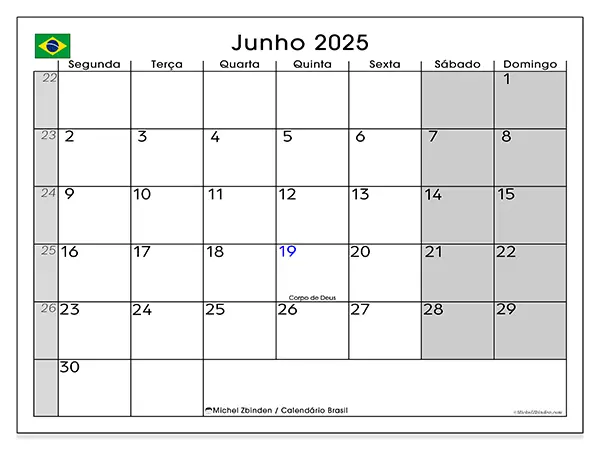 Calendário Brasil gratuito para imprimir, junho 2025. Semana:  Segunda-feira a domingo