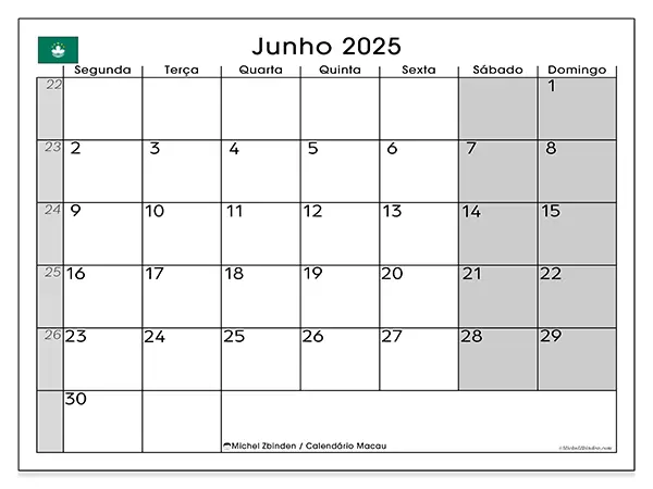 Calendário Macau gratuito para imprimir, junho 2025. Semana:  Segunda-feira a domingo