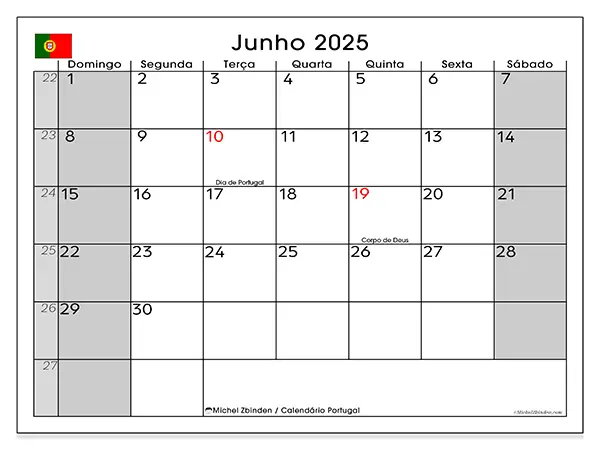 Calendário para imprimir Portugal para junho de 2025. Semana: Domingo a sábado.