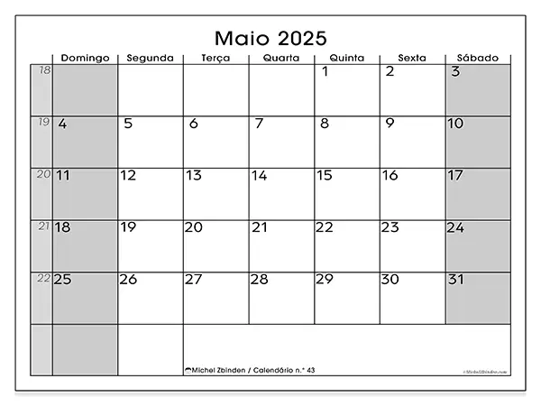 Calendário para imprimir n.° 43 para maio de 2025. Semana: Domingo a sábado.