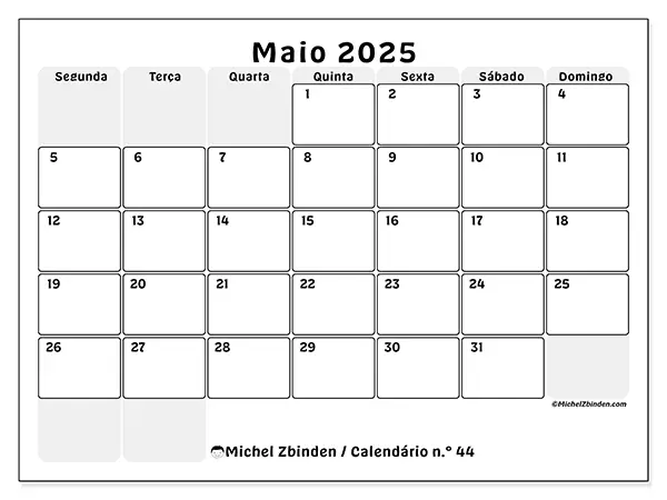 Calendário para imprimir n.° 44 para maio de 2025. Semana: Segunda-feira a domingo.