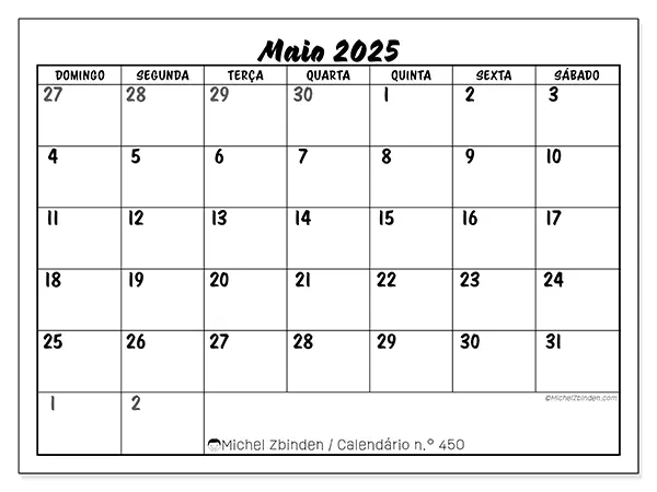 Calendário para imprimir n.° 450 para maio de 2025. Semana: Domingo a sábado.