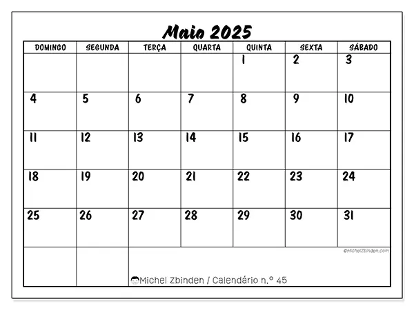Calendário para imprimir n.° 45 para maio de 2025. Semana: Domingo a sábado.
