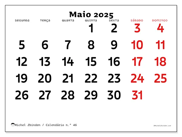 Calendário para imprimir n.° 46 para maio de 2025. Semana: Segunda-feira a domingo.