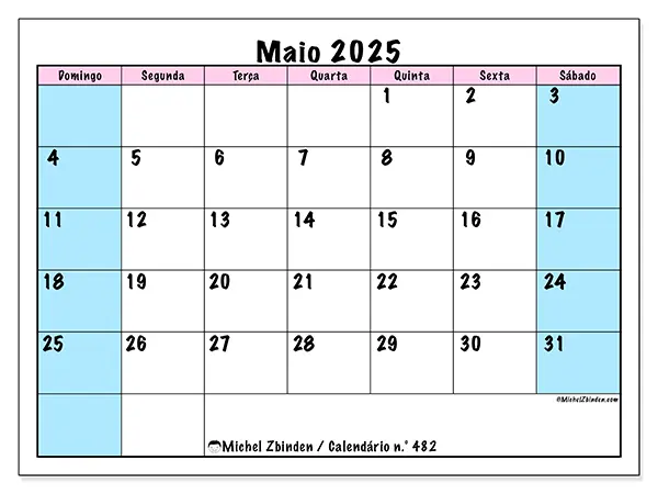 Calendário para imprimir n.° 482 para maio de 2025. Semana: Domingo a sábado.
