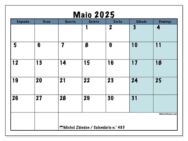 Calendário para imprimir n.° 483 para maio de 2025. Semana: Segunda-feira a domingo.