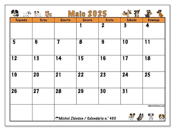 Calendário para imprimir n.° 485 para maio de 2025. Semana: Segunda-feira a domingo.
