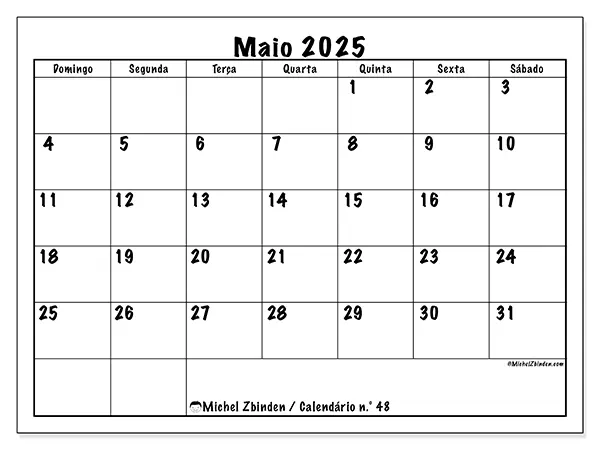 Calendário n.° 48 gratuito para imprimir, maio 2025. Semana:  De domingo a sábado