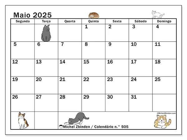 Calendário para imprimir n.° 505 para maio de 2025. Semana: Segunda-feira a domingo.