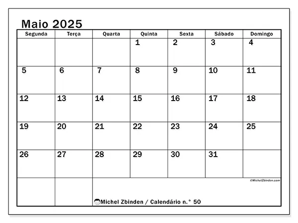 Calendário para imprimir n.° 50 para maio de 2025. Semana: Segunda-feira a domingo.