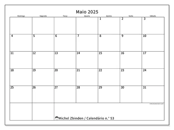 Calendário para imprimir n.° 53 para maio de 2025. Semana: Domingo a sábado.