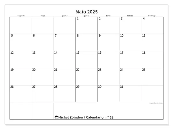 Calendário para imprimir n.° 53 para maio de 2025. Semana: Segunda-feira a domingo.