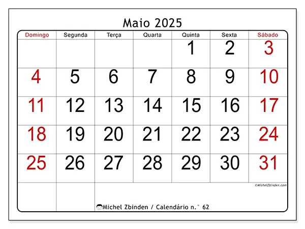 Calendário maio 2025 62DS