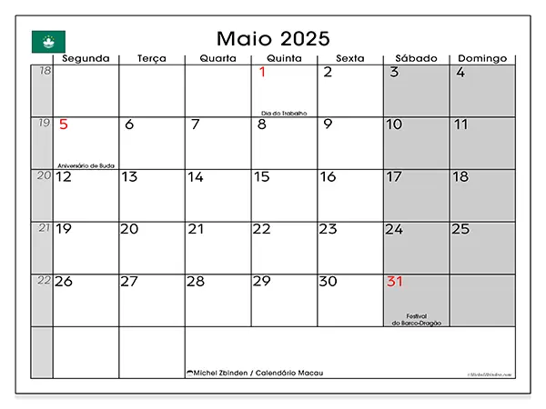 Calendário para imprimir Macau para maio de 2025. Semana: Segunda-feira a domingo.