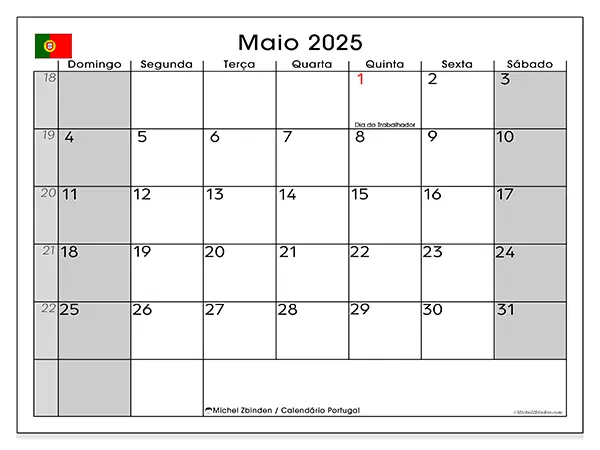 Calendário para imprimir Portugal para maio de 2025. Semana: Domingo a sábado.