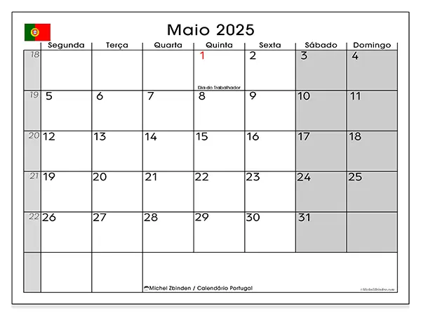 Calendário para imprimir Portugal para maio de 2025. Semana: Segunda-feira a domingo.
