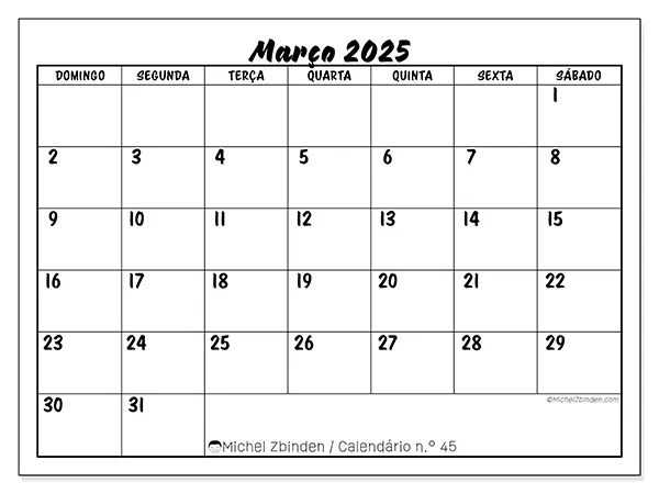 Calendário para imprimir n° 45, março de 2025