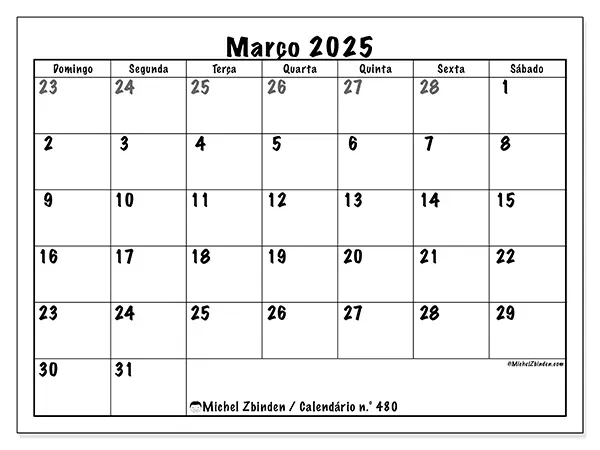 Calendário n.° 480 gratuito para imprimir, março 2025. Semana:  De domingo a sábado