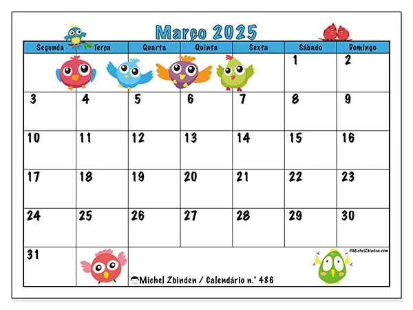 Calendário para imprimir n° 486, março de 2025