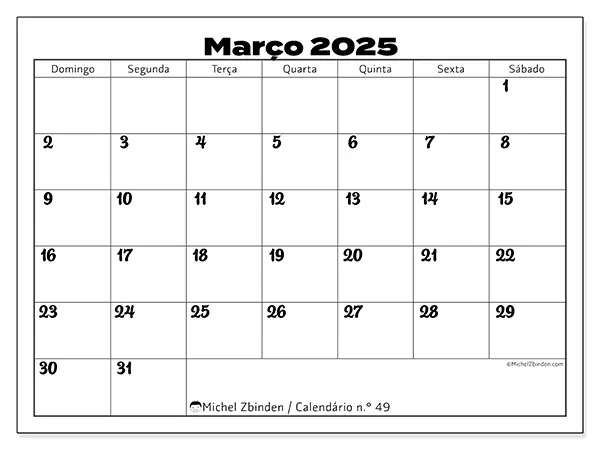 Calendário para imprimir n° 49, março de 2025