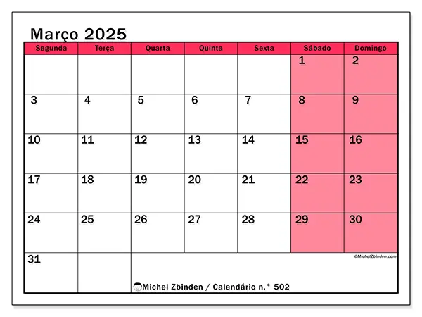 Calendário para imprimir n° 502, março de 2025