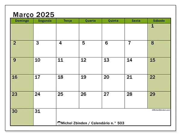 Calendário para imprimir n° 503, março de 2025