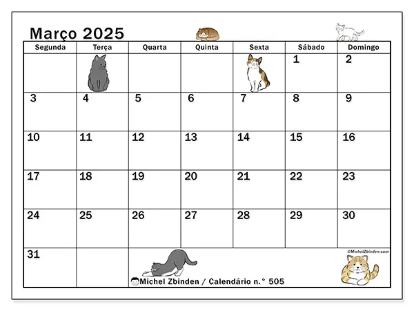 Calendário para imprimir n° 505, março de 2025