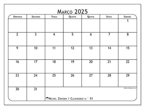 Calendário n.° 51 para março de 2025, que pode ser impresso gratuitamente. Semana:  De domingo a sábado.