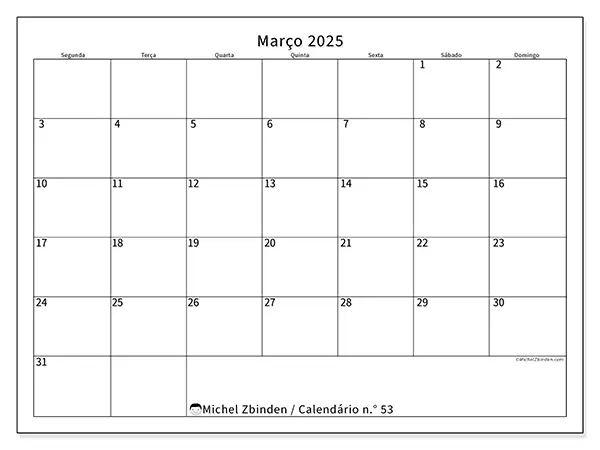 Calendário para imprimir n° 53, março de 2025