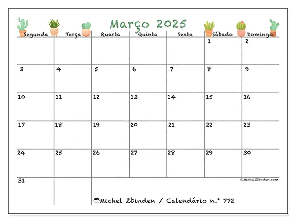 Calendário para imprimir n° 772, março de 2025
