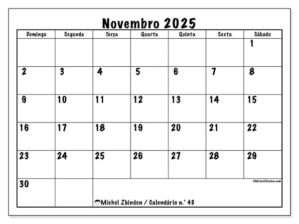 Calendário n.° 48 gratuito para imprimir, novembro 2025. Semana:  De domingo a sábado