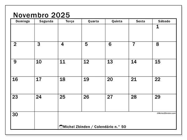 Calendário n.° 50 gratuito para imprimir, novembro 2025. Semana:  De domingo a sábado