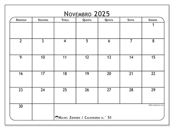 Calendário n.° 51 gratuito para imprimir, novembro 2025. Semana:  De domingo a sábado