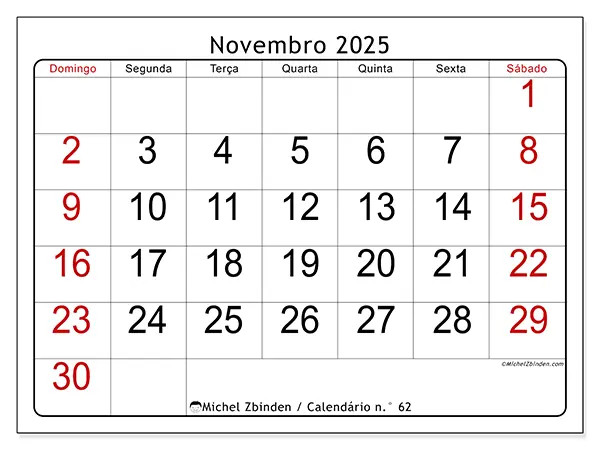 Calendário n.° 62 gratuito para imprimir, novembro 2025. Semana:  De domingo a sábado
